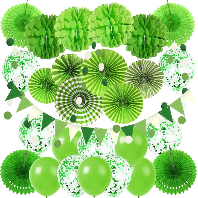 ZERODECO Party Hanging Paper Fans Set, Green Confetti Balloons Decorative Folding Fans Paper Pompoms Triangle Bunting Flags Garlands for Birthday Baby Shower Golf Dinosaur Party Decorations - Image 1
